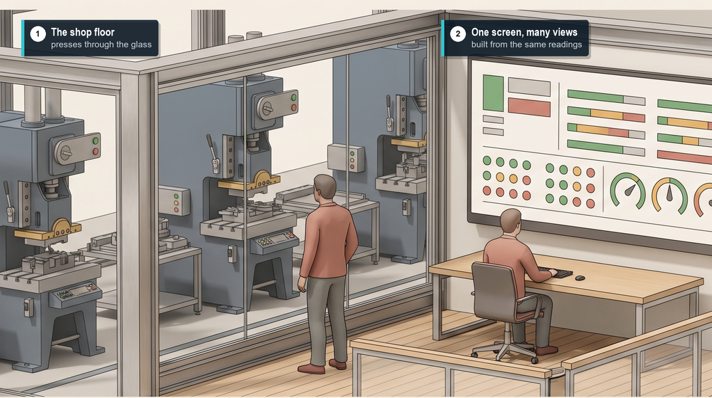 Illustration: a plant office with a large wall screen of rounded dashboard tiles, two people seen from behind looking at it, and a stamping press through the window